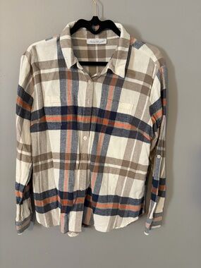 Button-Up Plaid Shirt - Cream, Brown & Navy